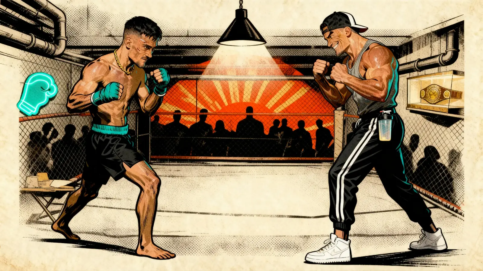 Bare Knuckle key art: two fighters squaring up in an underground cage under a single lamp
