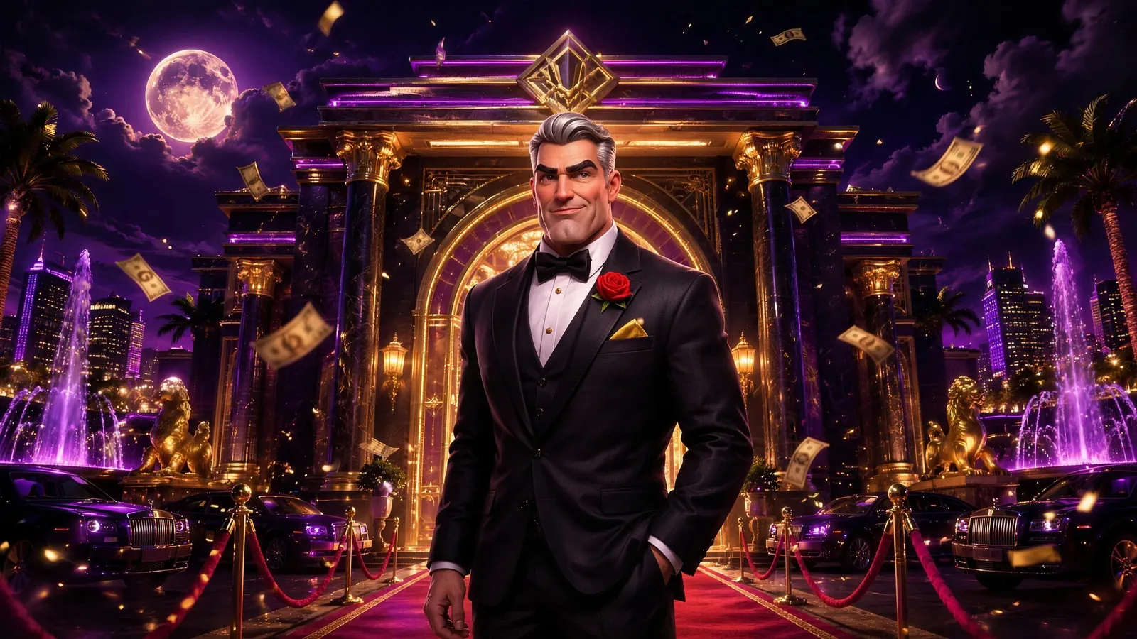 Break The House key art: THE HOUSE, a grey-haired man in a black tuxedo, in front of a gold and violet casino at night