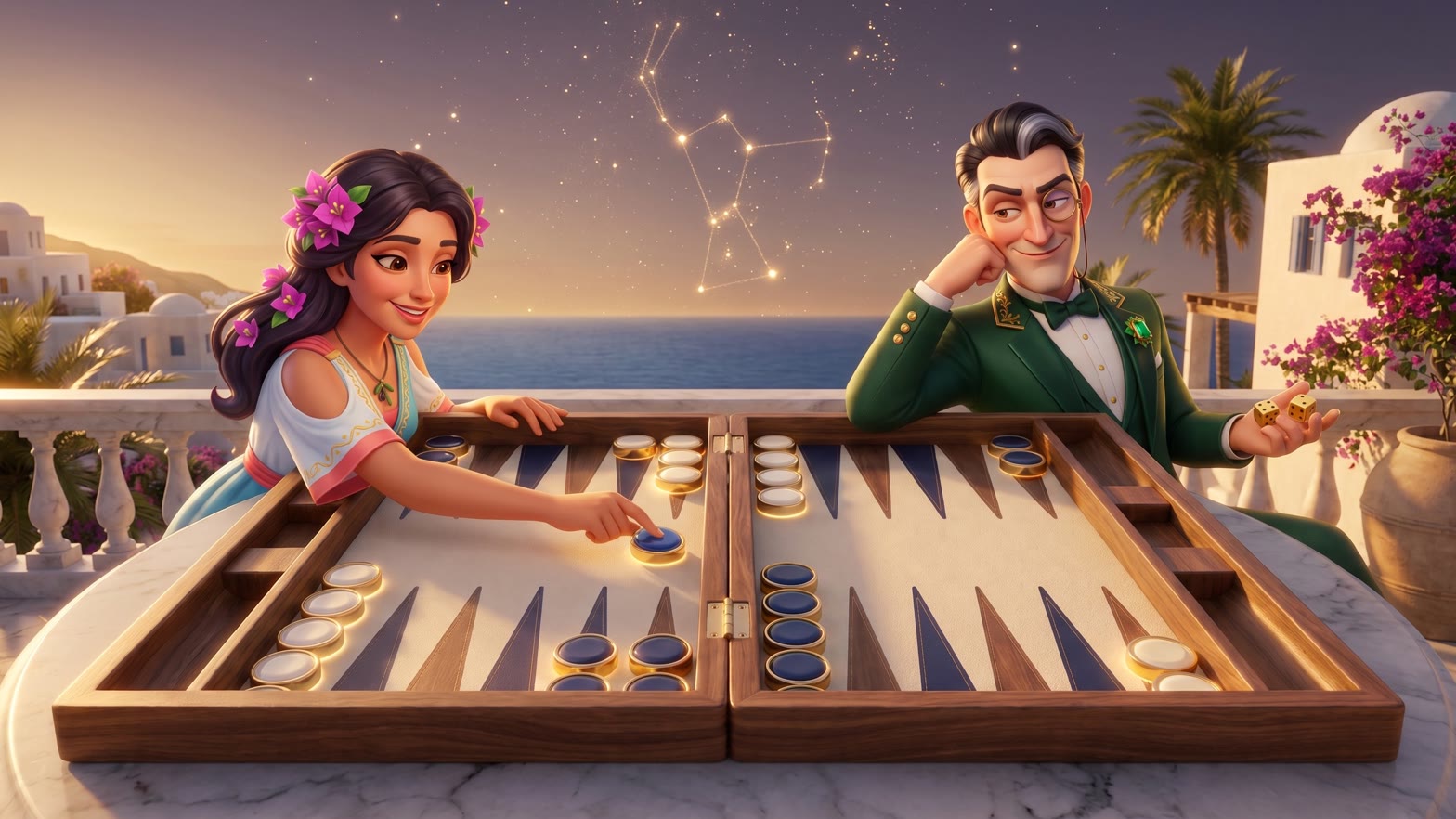 Orion Backgammon key art: Elena and the Comte at a marble backgammon board by the sea, under the Orion constellation
